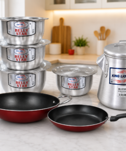 combo: set of 4 heavy sufuria with lids (belly star) + nonstick pan 24cm + nonstick karai 24cm + conical pot 9ltrs