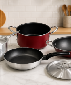 combo: nonstick casserole 5ltrs + medium height saucepan 5.5ltrs + nonstick karai 24cm + nonstick pan 24cm