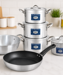 combo: pardini set of 3 (4L,5L,7L) + karai 24cm + nonstick pan 24cm + medium height saucepan 7ltrs