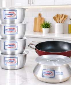 combo: set of 4 belly shine (1.2L-4L) + biryani pot 5ltrs +nonstick double handle pan (red) 24cm